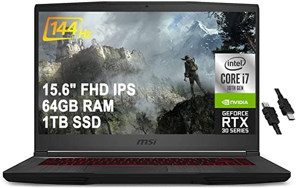 2021 Flagship Msi Gf65 Thin Gaming Laptop 15.6" Fhd Ips 144Hz Pantalla 10ª Generación Intel Hexa-Core I7-10750H 64Gb Ram 1Tb Ssd Geforce Rtx 3060 6Gb Retroiluminado Usb-C Wifi6 Win10 Negro + Icarp Hdmi Cable