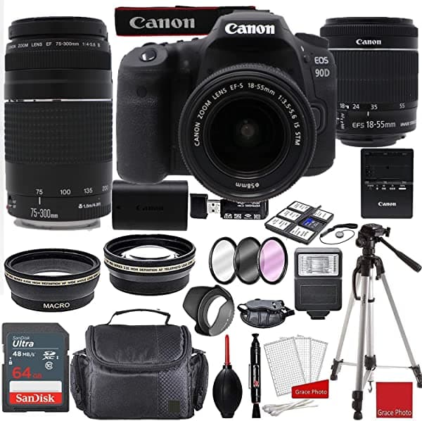 Grace Photo-Canon intl Canon Eos 90D Dslr Cámara Con Ef-S 0.709-2.165 In F/3.5-5.6 Stm Y 2.953-11.811 In Iii Paquete + Sandisk 64Gb Memoria + Paquete De Accesorios Profesionales