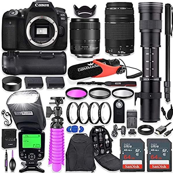 Canon Eos 90D - Kit De Cámara Réflex Digital Con Objetivos Canon 0.709-5.315 In Y 2.953-11.811 In + Objetivo Teleobjetivo De 16.535-31.496 In + Empuñadura De Batería + Flash Ttl (Hasta 180 Pies) + Micrófono Commander + Memoria De 128 Gb + Paquete De Accesorios