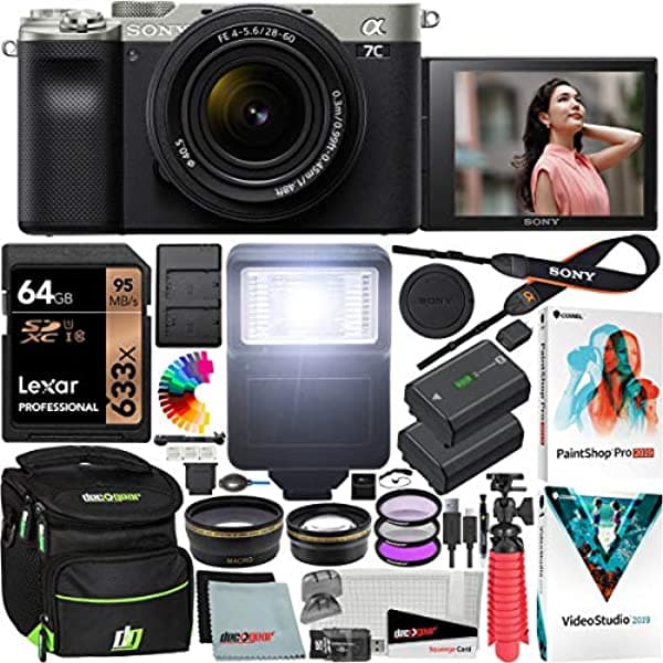 Sony A7C Cámara Full Frame Sin Espejo Alpha 7C Cuerpo Con Lente 28-60 mm F4-5.6 Kit Plateado ILCE7CL/S Con Estuche Deco Gear + Batería Extra + Flash + Filtros + Macro Y Teleobjetivo + Accesorios E12SNILCE7CLS