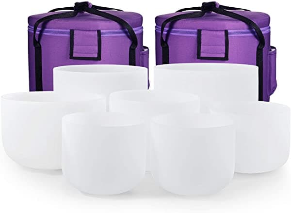 CVNC Juego De 7 Cuencos De Cristal De Cuarzo Esmerilado De 432 Hz De 8 A 14 Pulgadas Con 2 Bolsas De Transporte