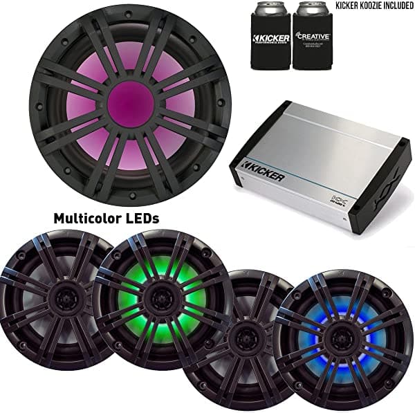 Kicker Marine Stereo Sistema Paquete Dos Pares De Oem 6.5 Kicker Led Parlantes A Km 10 Subwoofer Y A Kxm4004 Amp 43KMW104+43BKM6+40KXM4004