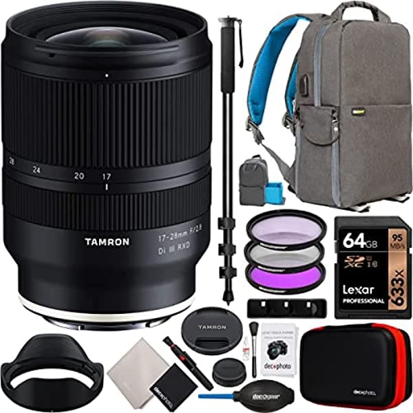 Tamron 0.669-1.102 In F/2.8 Di Iii Rxd Lente De Montura E (A046) Para Cámaras Sony Sin Espejo Con Estuche De Fotografía Deco Gear + Kit De Filtro De 2.638 In + Tarjeta De 64 Gb + Monopie + Accesorios E11TM1728F28S