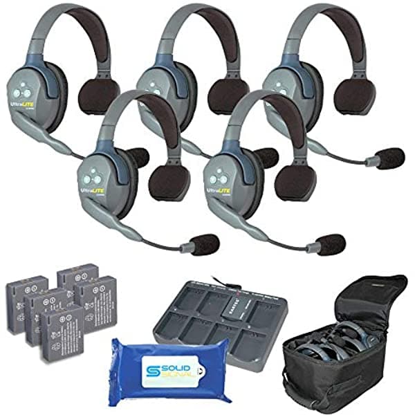 Solid Signal Eartec Ul5S Ultralite Comunicación De Auriculares Inalámbricos Dúplex Completo Para 5 Usuarios 5 Auriculares De Una Sola Oreja Con Toallitas De Limpieza De Señal Sólida