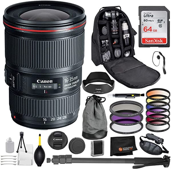 Canon EF 16-35mm F/4L IS USM Lente con Paquete Profesional Kit de Oferta para EOS 7D Mark II 6D Mark II 5D Mark IV 5DS R 5DS 5D Mark III 80D 70D 77D T5 T6 T6S T7i SL2 9518B002