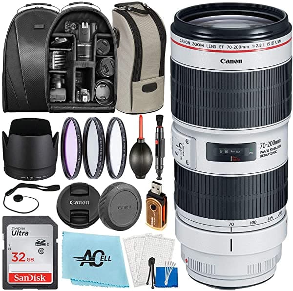 ACELL Canon Ef 2.756-7.874 In F/2.8L Es Iii Usm Lente Para Cámaras Réflex Digitales Con Tarjeta De Memoria Sandisk De 32 Gb Mochila Bolsa De Funda 3 Piezas De Filtro Y Paquete De Accesorios De Celda A (Blanco - 3044C002)