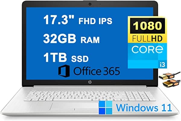 Hp 17 Computadora Portátil Empresarial 17.3" Fhd Ips (100% Srgb 300 Nits) 11ª Generación Intel Core I3-1115G4 (Beats I5-8265U) 32Gb Ram 1Tb Ssd Office365 Superspeed Usb Win11 Plata + Cable Hdmi HP Laptop 17