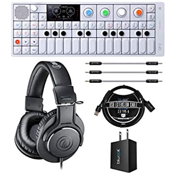 Teenage Engineering Op-1 - Paquete De Sintetizador Muestrador Y Controlador Portátil Con Auriculares De Monitor Audio Technica Ath-M20X Adaptador De Pared Usb Blucoill Cable De Extensión Usb De 3 Pies Y 3 Cables Auxiliares De 7 Pulgadas A1741