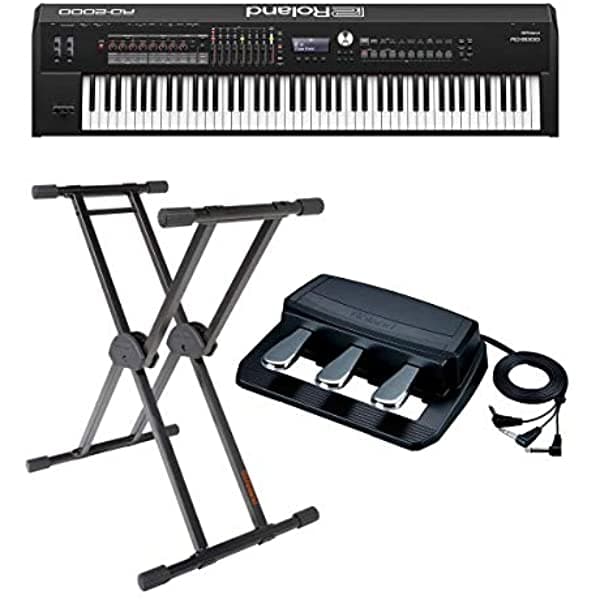 Roland Rd-2000 88 Teclas Ponderadas Digital Stage Piano - Paquete Con Roland Rpu-3 Pedal Unidad Con 3 Conectores Separados De 1/4" Ks-20X Doble Soporte Teclado X-Stand RD-2000 B