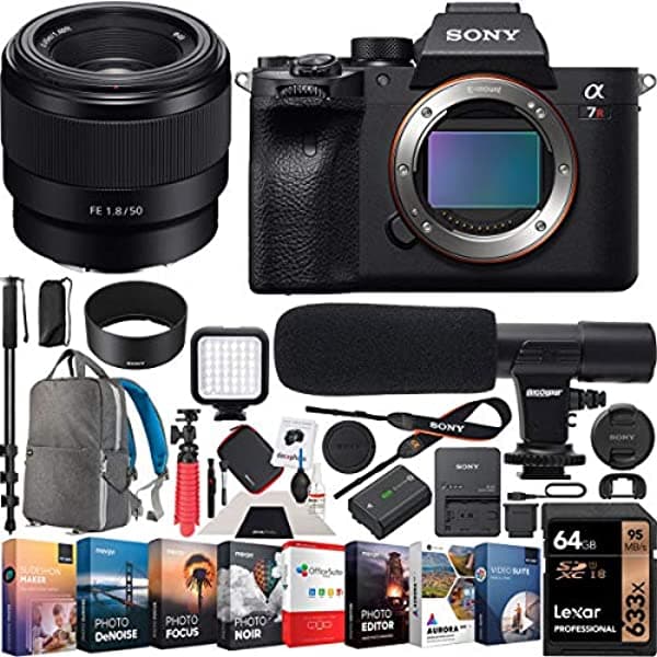 Sony A7R IV Cámara Sin Espejo Full Frame FE 50mm F1.8 Lente Prime + SEL50F18F Paquete con Video Fotográfico LED Monopié 64 GB Software Mochila y Accesorios Deco Gear ILCE-7RM4 E40SNILCE7RM4BX3