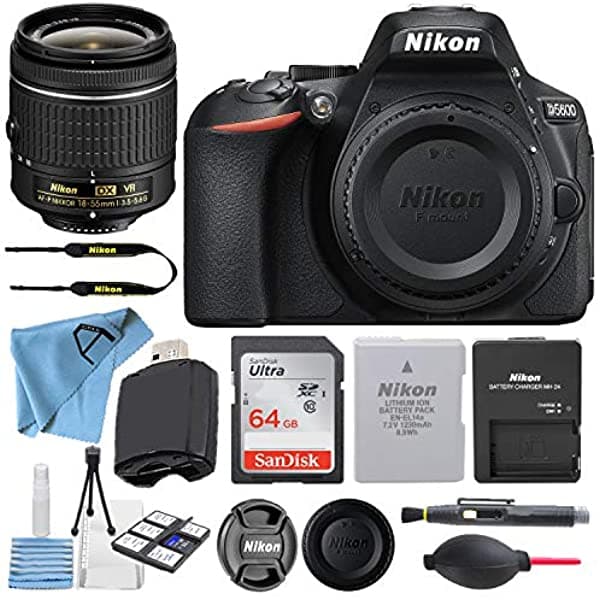 Nikon D5600 24.2MP DSLR Cámara Digital Nikkor 18-55 mm VR Lente + SanDisk 64GB Tarjeta de Memoria + Lector de Tarjetas USB de Alta Velocidad + Kit de BSNKD5600