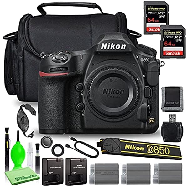 Nikon D850 - Cuerpo de Cámara Digital DSLR (1585) Paquete con (2) Tarjeta SD SanDisk Extreme Pro de 64GB + (2) Baterías y Cargador de Batería Extra Compatibles + Bolso para Cámara Grande + Más