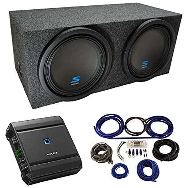 American Sound Connection Estéreo para Auto Universal Trasero Sellado Doble 12" Alpine Tipo S S-W12D2 Caja para Subwoofer con Amplificador S-A60M y Kit de Amplificador 4Ga ALPINE-PACK170A-AMP