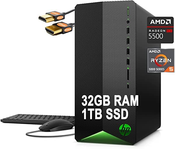 Hp Pavilion - Computadora De Escritorio Para Juegos Amd Ryzen 5000 Series Hexa-Core Ryzen 5 5600G (Beats I5-10600) 32Gb Ram 1Tb Ssd Amd Radeon Rx 5500 4Gb Gráfico Usb-C Bluetooth Win10 Negro + Cable Hdmi