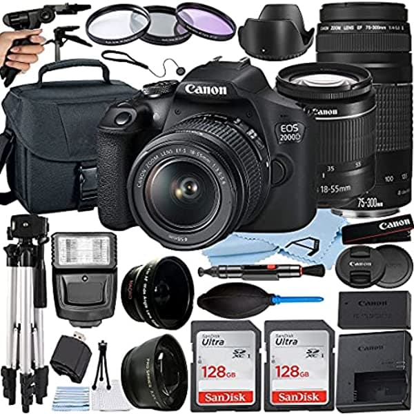 Canon Eos 2000D Rebel T7 Dslr Camara Ef-S 18-55 Mm + Ef 75-300 Mm Lente + A Accesorio A-Cell Incluye 2 Paquetes Card De Memoria De 128 Gb + Flash + C