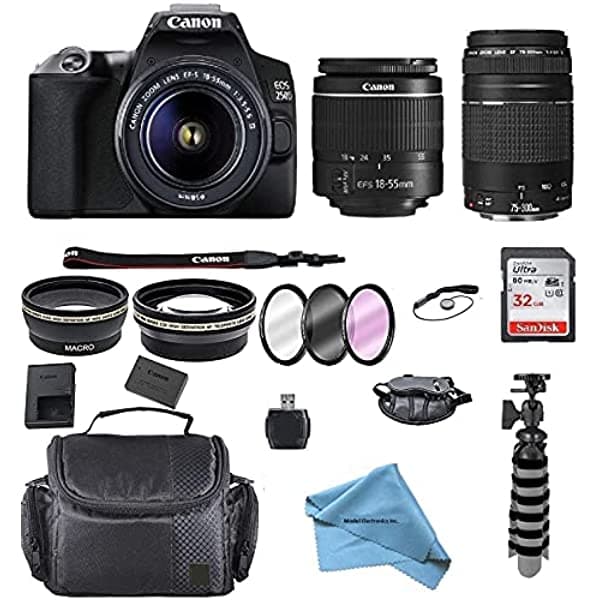 Canon Intl. Eos 250D / Rebel Sl3 - Cuerpo De Cámara Réflex Digital Con Lente Ef-S De 0.709-2.165 In F/3.5-5.6 3 Dslr + Canon 75-300 Kit Incluido Con Paquete Completo De Accesorios - Paño Electrónico Modelo Internacional cn250bunldesbul