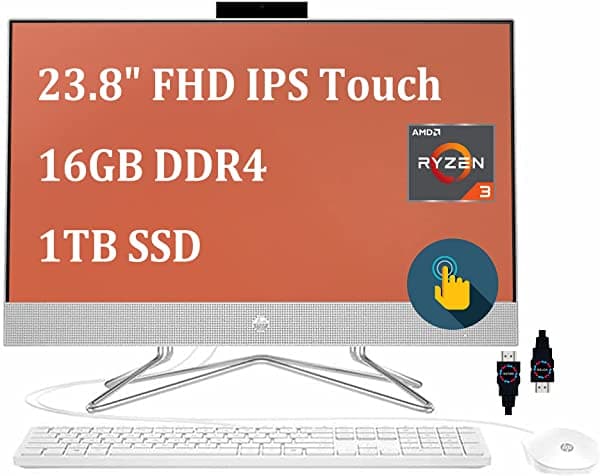 HP 24 PC de Escritorio Premium Todo en Uno | 23.8" FHD IPS Pantalla Táctil 72% NTSC | AMD Quad-Core Ryzen 3 4300U (supera al i7-8550U) | 16GB DDR4 1TB SSD | WiFi Bluetooth Webcam Win 10 Blanco + Cable HDMI HP 24 All-in-One