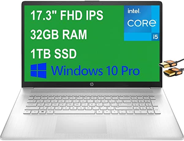 HP Flagship 17 Notebook 17.3" FHD IPS Pantalla Antirreflejos 11ª Generación Intel 4-Core i5-1135G7 (supera al i7-10510U) 32GB RAM 1TB SSD Intel Iris Xe Graphics USB-C WiFi5 Win10 Pro Plata + Cable HDMI HP Laptop 17