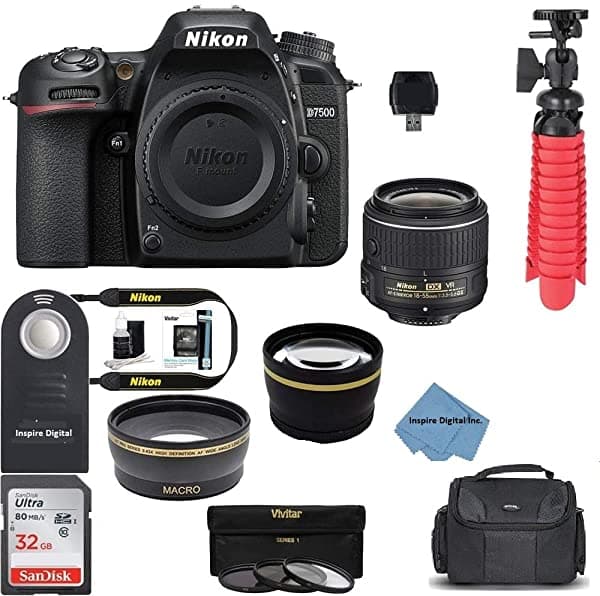 Nikon D7500 Cámara Dslr Con Lente Vr De 0.709-2.165 In + Tarjeta De 64 Gb Trípode Flash Kit De Filtro De 3 Piezas Funda Inspire Ropa Digital Y Más nikon d7500 bundle