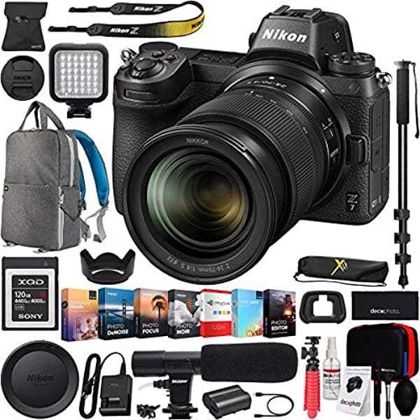 Nikon Z7 Mirrorless Fx-Format Full-Frame 4K Ultra Hd Camara Body (1594) Con Nikkor Z 0.945-2.756 In F/4 S Lente Kit Y Tarjeta De Memoria De 120Gb + Deco Gear Mochila Kit De Limpieza Micrófono Edición Suite Bundle E11NKZ72470