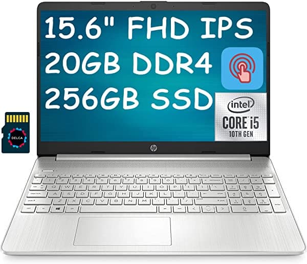 HP 15 Insignia 2021 Notebook 15.6" FHD IPS pantalla tactil Intel Quad-Core i5-1035G1 de 10ª generacion (supera al i7-8550U) 20GB DDR4 256GB SSD HP Fast Charge WiFi HDMI webcam Win 10 + Delca tarjeta Micro SD 32GB hp 15 laptop