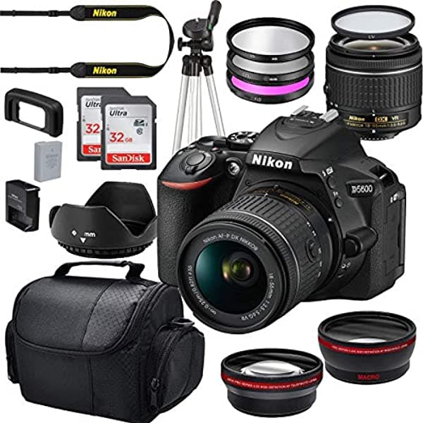 Nikon D5600 con AF-P DX Nikkor 18-55mm f/3.5-5.6G VR Importacion + paquete de inicio de lujo que incluye 2 tarjetas de memoria SD SanDisk de 32 GB lente gran angular y teleobjetivo bolso para accesorios