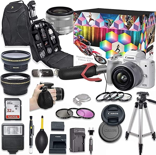 Cámara Digital Canon Eos M50 Mark Ii Sin Espejo Con Kit De Vídeo De Lente De 0.591-1.772 In (Blanco) + Lente Gran Angular + 2 X Teleobjetivo + Flash + Tarjeta De Memoria Sd Sandisk De 32 Gb + Paquete De Accesorios