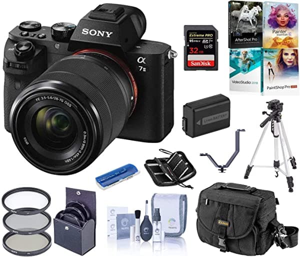 Sony Alpha A7II camara digital sin espejo full frame con lente de 28-70mm con bolso para camara bateria kit de filtro tripode kit de software de PC tarjeta SD de 32 GB funda SD 3 soportes en V de zapato kit de limpieza
