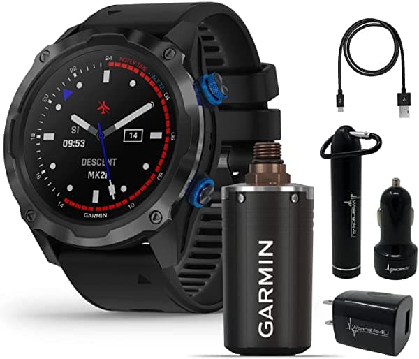 Garmin Descent Mk2i/Descent T1 - computadora de buceo estilo reloj con paquete de energia Wearable4U (Titanium Carbon Gray DLC con malla negra) 010-02132-03