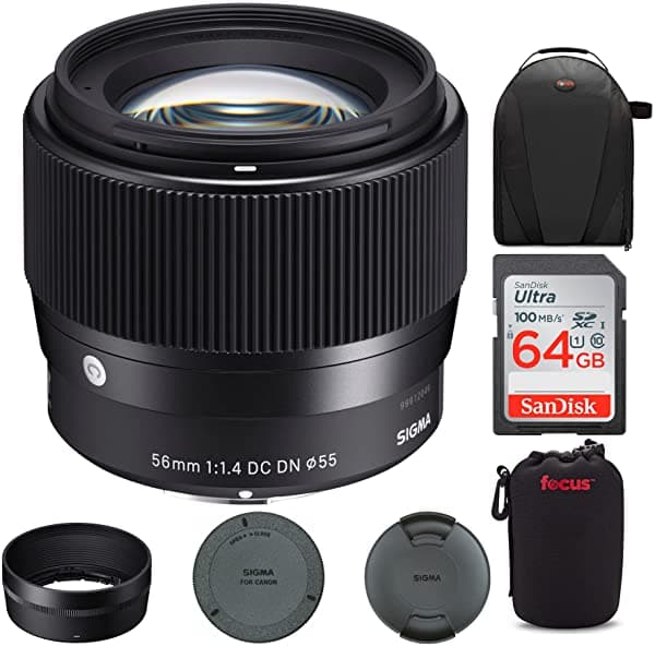 Sigma 56mm F/1.4 DC DN - Lente Contemporary para Canon EF-M con tarjeta SD de 64 GB y kit de viaje (4 artículos)