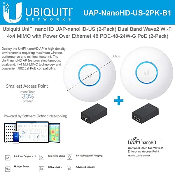 UBNT Networks Unifi Nanohd Uap-Nanohd-Us (2 Unidades) Banda Dual Compacta Wave2 Enterprise Wi-Fi 4X4 Mimo Power Over Ethernet 48 Poe-48-24W-G Poe Incluido