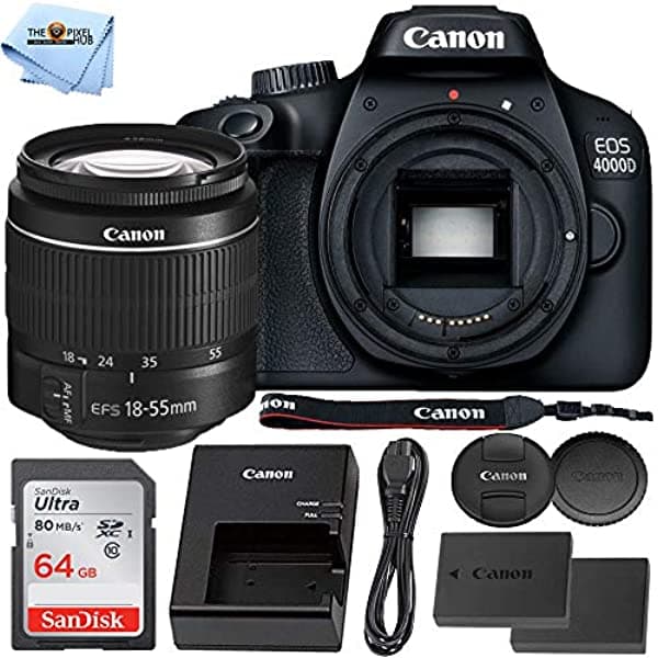 Pixel Hub Canon Eos 4000D Cámara Dslr Con 0.709-2.165 In F/3.5-5.6 Iii + Batería Recargable Extra Lp-E10 + Ultra 64Gb Sd Profesional Accessory Bundle CN4000DW1855III11