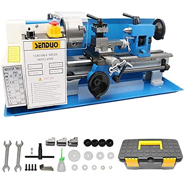Senduo - Mini Torno De 7 X 14 Pulgadas Velocidad Variable De Metal 0-2500 Rpm Mini Máquina De Torno De Metal 550 W Para Torneado De Metal Con Caja De Herramientas TZOY-4