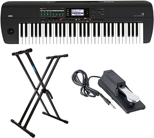 Korg I3 Estación De Trabajo Musical De 61 Teclas (Negro Mate) Paquete Con Soporte De Teclado Knox Gear Y Pedal De Apoyo (3 Artículos) AKORG-13MBK2
