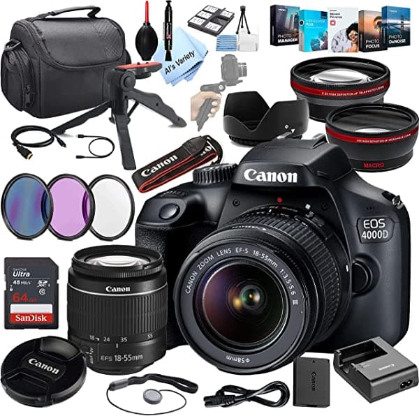 Canon EOS 4000D DSLR Camara 18-55 mm F 3.5-5.6 Zoom Lente + 64GB Cardfilters Estuche 32 piezas