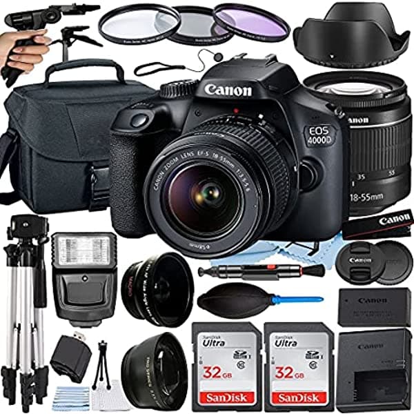 ACELL Cámara Réflex Digital Canon Eos 4000D / Rebel T100 De 18 Mp Con Lente Ef-S De 18 A 2.165 In + Accesorio De Celda A. El Paquete Incluye 2 Tarjetas De Memoria Sandisk De 32 Gb + Flash + Funda + Mucho Más