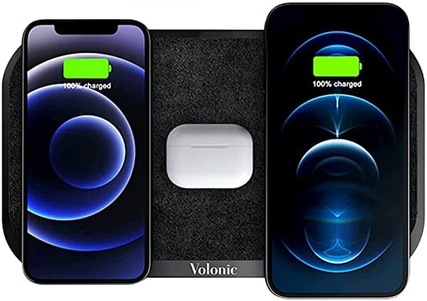 Volonic Valet 3 - Cargador Inalámbrico De Lujo 7.5 W Almohadilla De Carga Para Múltiples Dispositivos Habilitados Para Qi Compatible Con Iphone Airpods Samsung Google Aluminio Negro Alcantara Negra 9030_VALET3-BLK-BLK-A