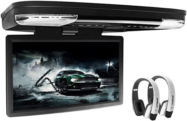 Xtrons 15.6 Pulgadas 1080P Vídeo Hd Pantalla Ancha Digital Coche Autocar Caravana Techo Flip Down Reproductor Dvd Disco Puerto Hdmi Nueva Versión Blanco Ir Auriculares Incluidos CR1506Black+DWH006x2