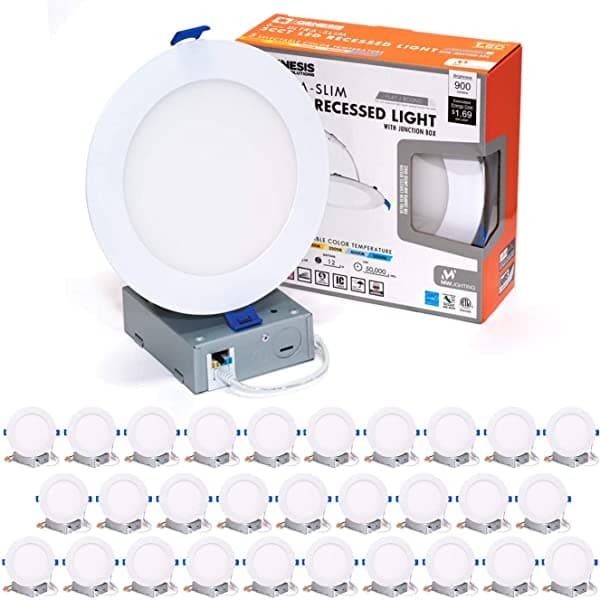 MW Downlight LED Redondo de 6.0 in Canless (sin lata) 5 Temperaturas de Color Seleccionables Ultra Delgado con Ajuste Plano Liso 30Pk Caja de Conexiones Incluida 2700/3000/3500/4000/5000K Regulable 900Lm Energy Star (Paquete de 30) MW-RSD612W-27/30/35/40/50K-30PK
