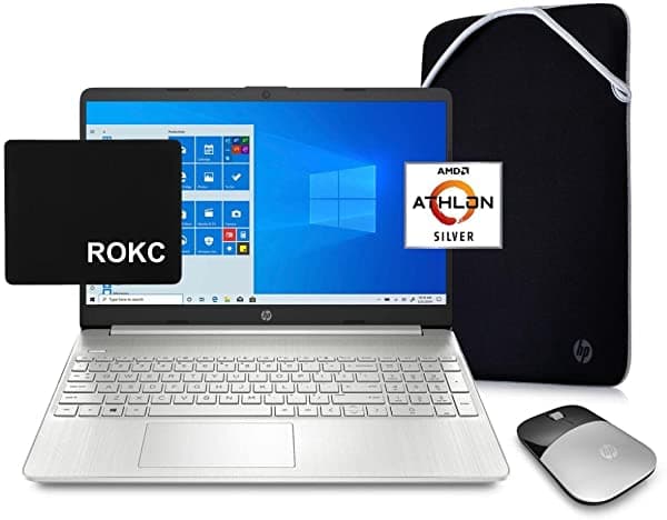 HP 2022 Premium 15.6 Notebook AMD Athlon 3050U 8GB de RAM 128GB SSD cámara web Bluetooth Wi-Fi HDMI listo para clases remotas Windows 11 S plateado mouse inalámbrico funda Rokc mousepad Remote Class School Work Ready