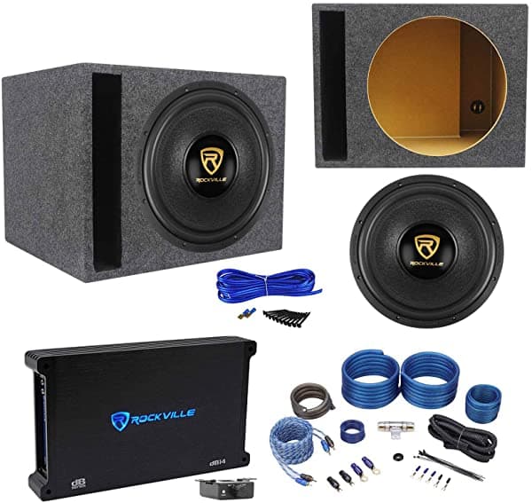 Rockville W15K9D4 15" 5000W Subwoofer para auto + Caja para subwoofer ventilada + Amplificador mono + Kit de amplificador W15K9D4+dB14+RWK41+RSV15+K1