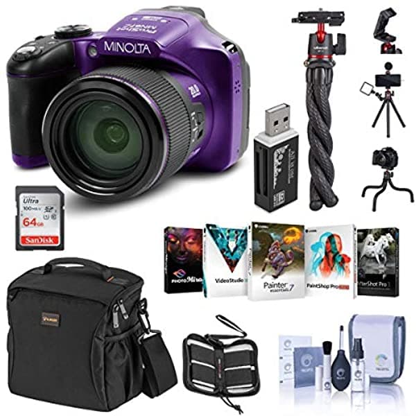 Minolta MN67Z Cámara bridge Wi-Fi Full HD de 20 MP con zoom óptico de 67x paquete esencial púrpura con bolso tarjeta SD de 64 GB trípode flexible paquete de software Corel PC y accesorios