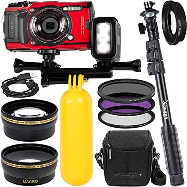 Olympus Tough Tg-6 Cámara Digital (Rojo) Con Luz Led Submarina Recargable Y Soporte Funda De Transporte Mango Flotante Estilo "Bobber" Monopie De 48 Pulgadas Anillo Adaptador De Filtro Juego De Filtros De 3 Piezas Y Más V104210RU000