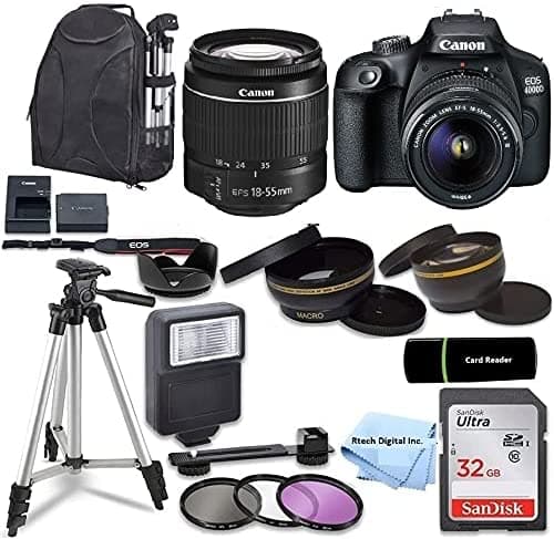 Eos 4000D Rebel T100 Dslr Camara Ef-S 18-55 Mm Zoom Lente + Sandisk 32Gb Tarjeta De Memoria + Trípode + Case + Wideeangle Lentes + Rtech Digital Cloth