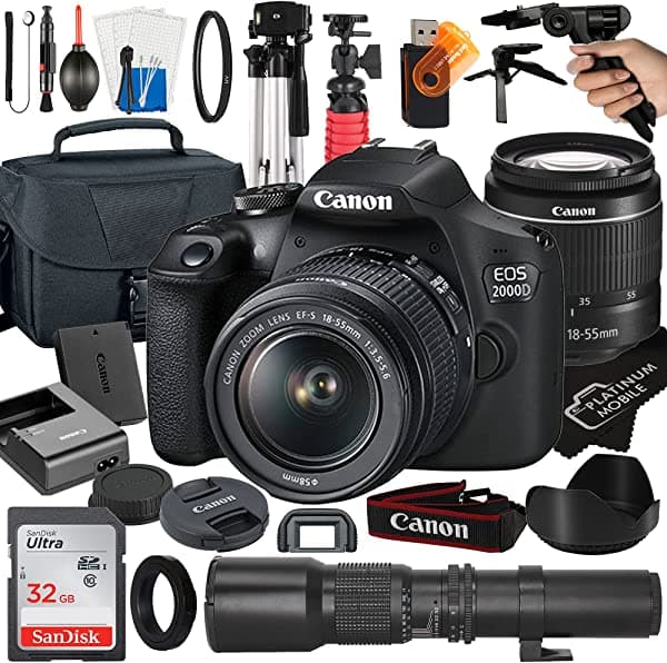 Canon Eos 2000D / Rebel T7 Cámara Réflex Digital Con Ef-S De 0.709-2.165 In + Lente De Enfoque Manual Preestablecida De 19.685 In + Tarjeta Sandisk De 32 Gb + Trípode + Funda + Paquete Megaaccessory (Paquete De 23 Piezas)