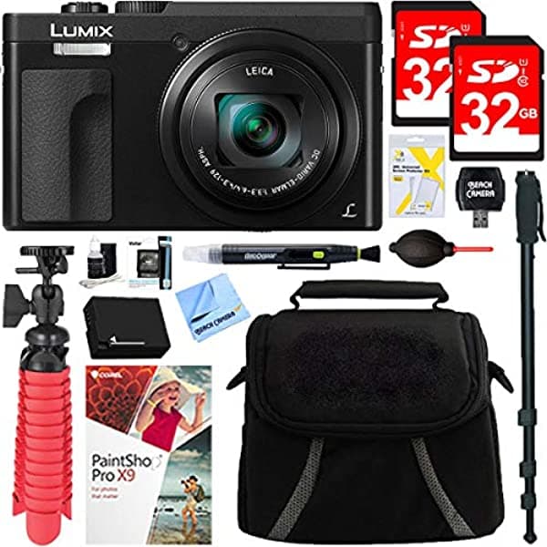 Panasonic DMC-ZS70K Lumix 20.3 Megapíxeles 4K Cámara Digital Negro Paquete Con 2x 32GB Tarjeta De Memoria Monopod Batería 650mAh Bolso Para Cámara Mini Trípode Y PaintShop Pro 2018 (Descarga Digital) E1PNDMCZS70K