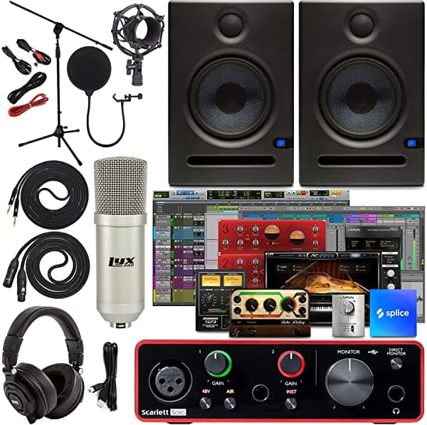 Focusrite Scarlett Solo 2X2 Interfaz De Audio Usb Completo Paquete De Estudio Con Kit De Software De Producción De Música Creativa Y Eris E5 Par De Monitores De Estudio De 2 Vías Y Cables De Instrumento De 1/4 Pulgadas
