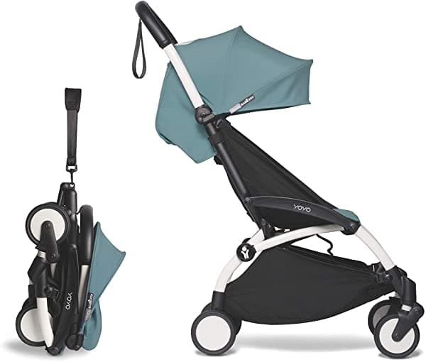BABYZEN YOYO2 Cochecito - Ultraliviano y Compacto - Incluye Marco Blanco, Cojín de Asiento Aqua y Toldo a Juego - Para Niños hasta 22 Kg