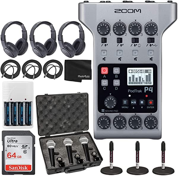 Zoom Podtrak P4 - Grabadora De Podcast Multipista Portátil + Tarjeta De Memoria Sdxc De 64 Gb + Micrófono De Mano Cardioide Dinámico (Paquete De 3) Con Funda De Transporte + 3 Auriculares Estéreo + 3 Soportes Para Micrófono + Baterías Y Cargador Zoom P4 K10