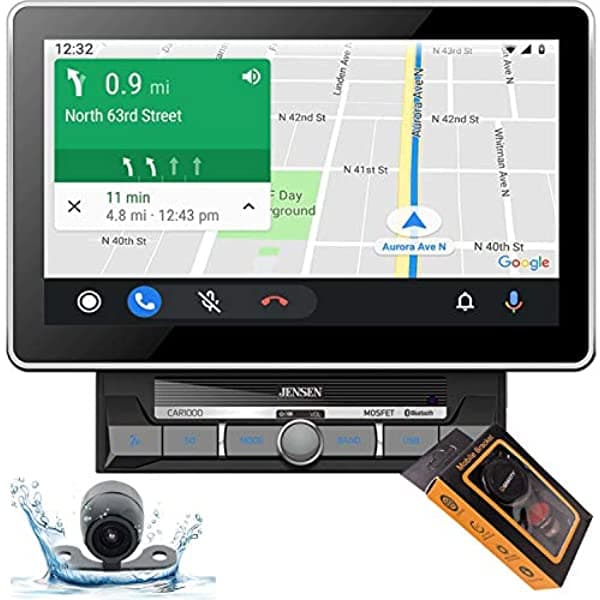 Jensen CAR1000 - Receptor de Auto Bluetooth DVD con Pantalla Táctil de 10.1" con Android Auto y Apple CarPlay con Cámara de Retroceso y Soporte para Teléfono Gravedad car1000+bk+m